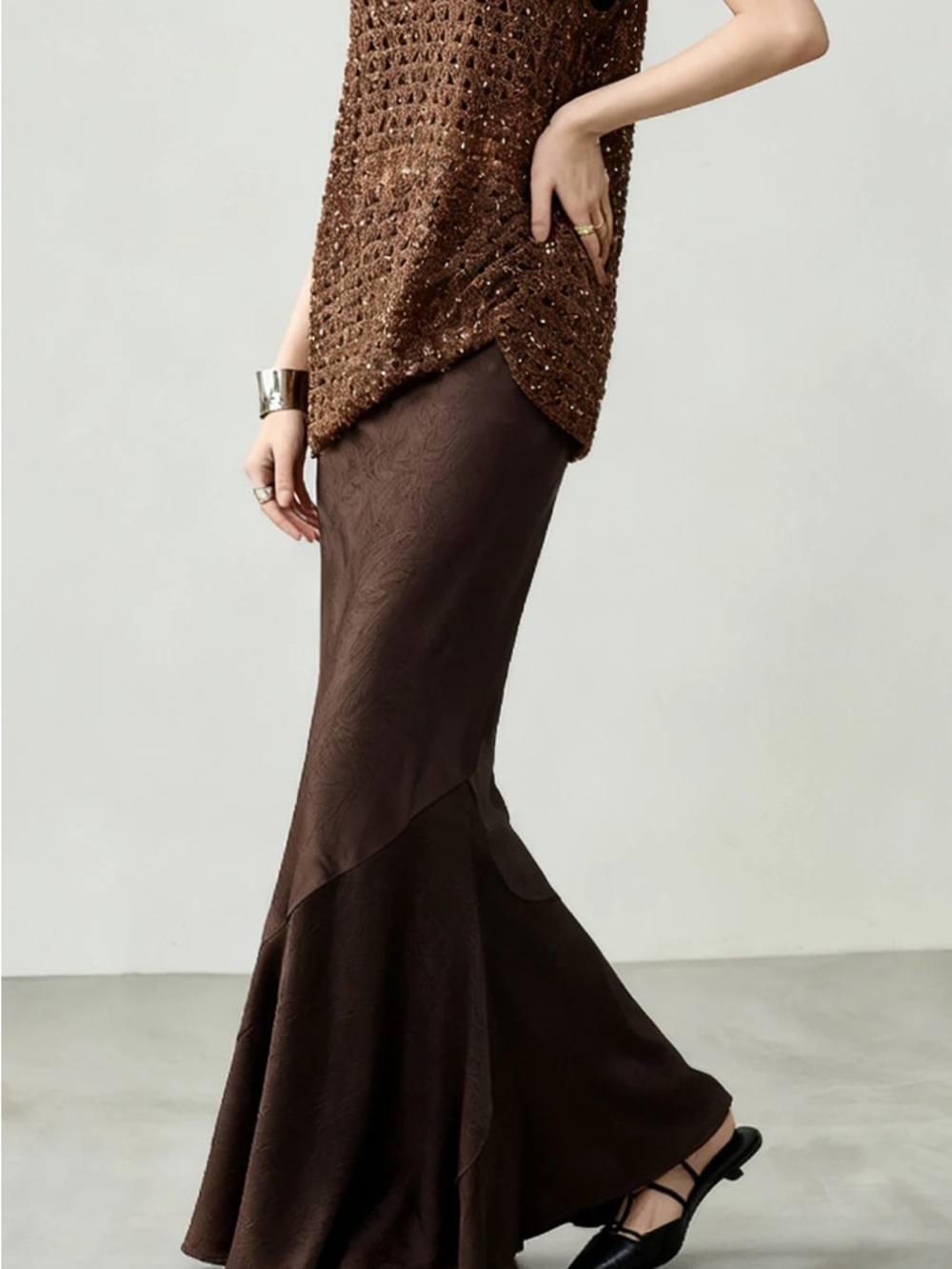VTG She’s So - Italy Archival Sheer Pleat Maxi Skirt Y2K Espresso Brown Designer